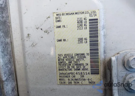 2014 Nissan Maxima 3.5 Sv z USA, uszkodzony, nr VIN 1N4AA5AP9EC458514